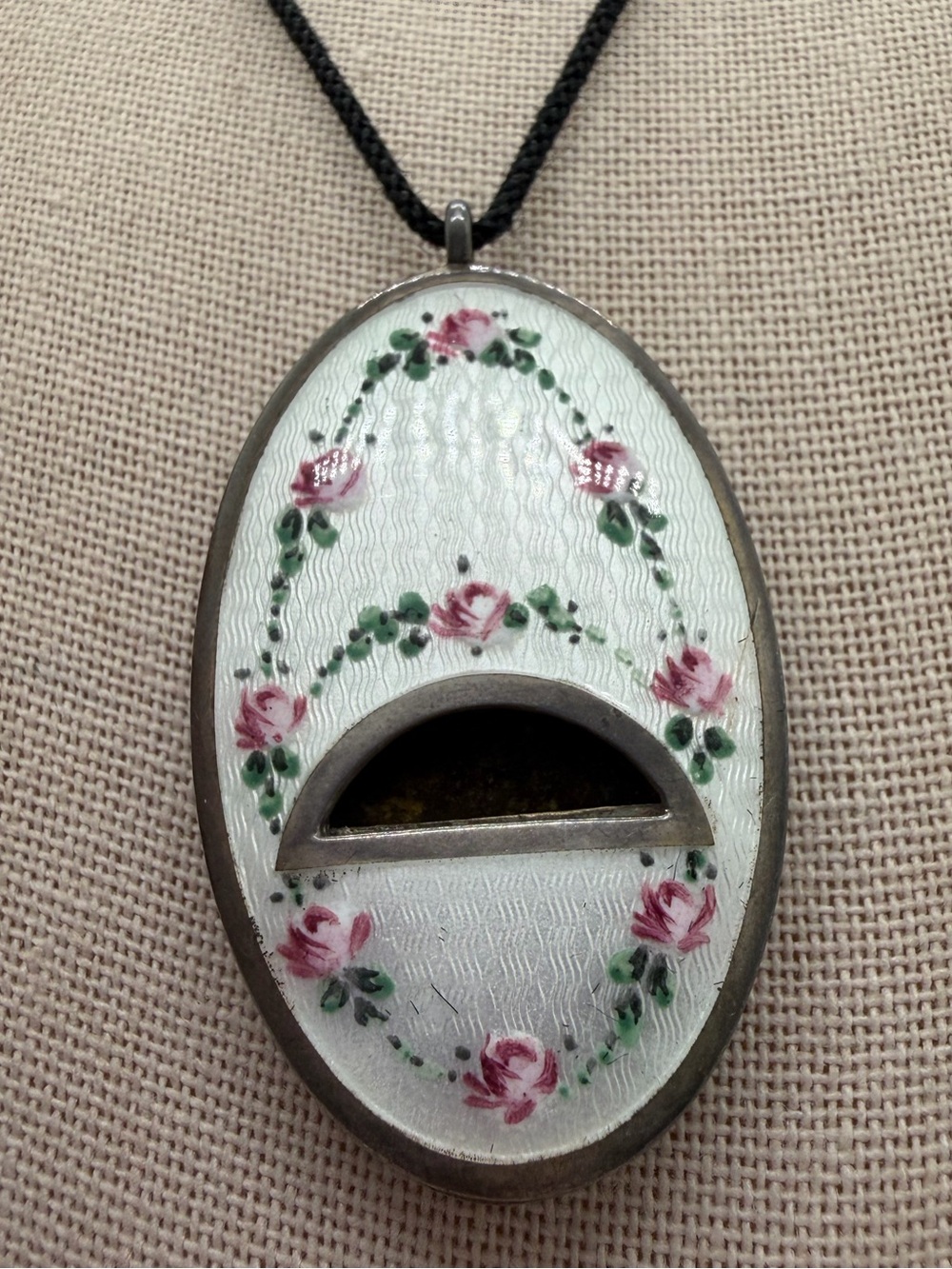 Antique enamel guillouche Sterling whistle pendant